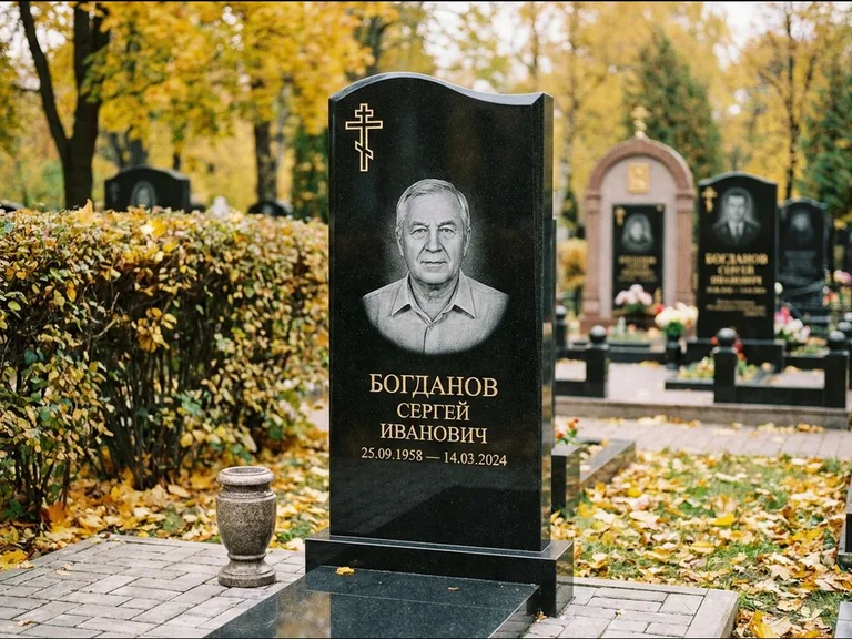 Памятник из чёрного гранита — стела с цветником с процветшим крестом с виноградной лозой, работа «Журавлёв» в Южно-Сахалинске