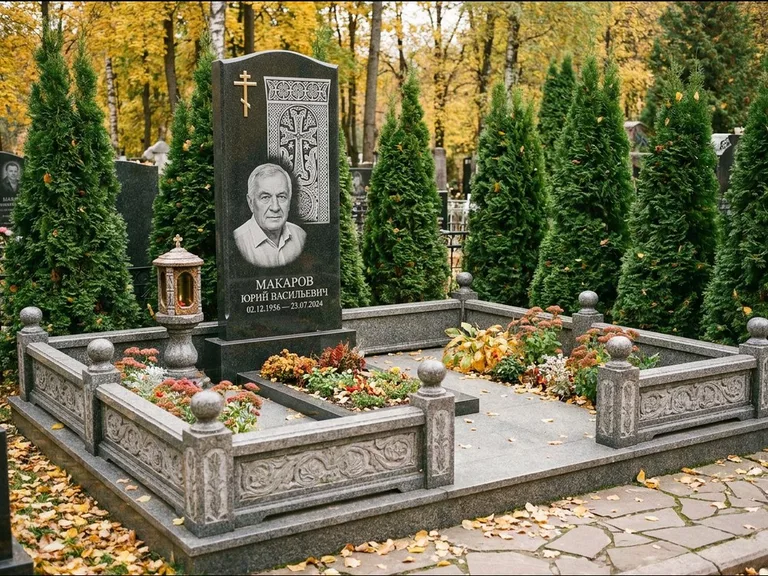 Памятник из чёрного гранита — стела с крестом и лампадой с армянским хачкаром, работа «Гущин» в Южно-Сахалинске