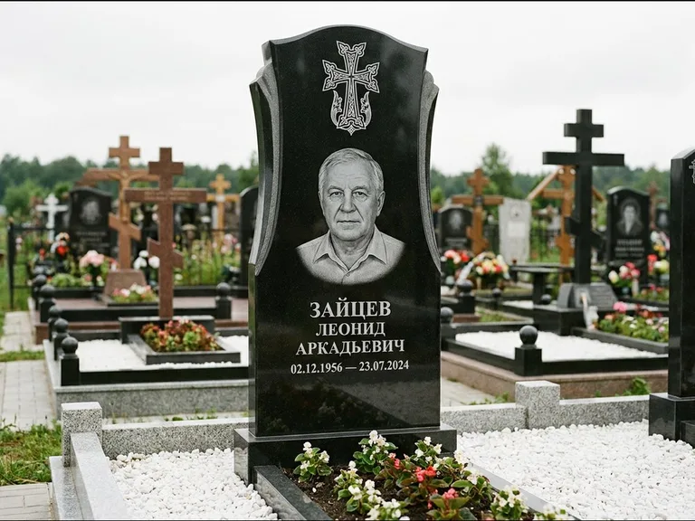 Памятник из чёрного гранита — семейная стела на двоих с армянским хачкаром, работа «Журавлёв» в Южно-Сахалинске
