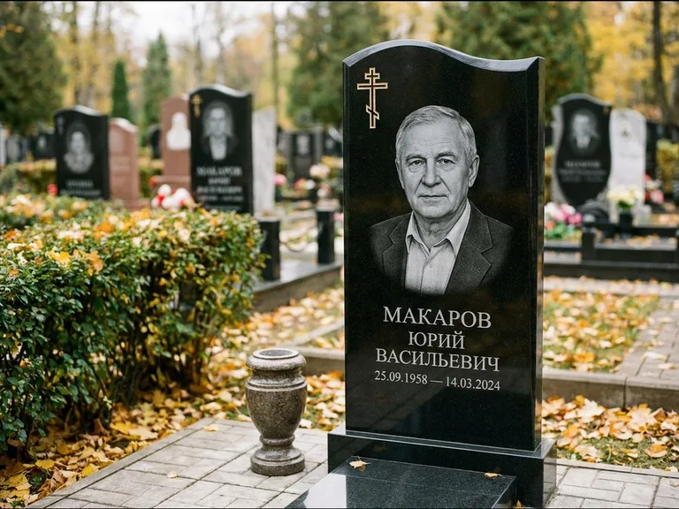 Памятник из чёрного гранита — фигурная стела с киот-нишей с процветшим крестом с виноградной лозой, работа «Богданов» в Южно-Сахалинске