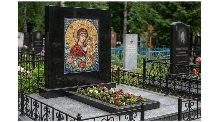 Мозаика на памятник в Южно-Сахалинске — цветное панно из смальты на чёрной гранитной стеле