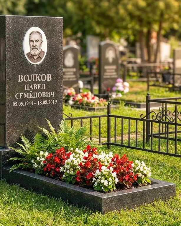 Тёмно-серый памятник под ключ с художественной гравировкой в Южно-Сахалинске