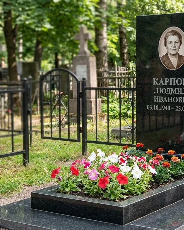 Памятник под ключ с низкой оградой и цветником в Южно-Сахалинске