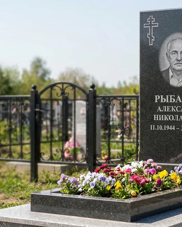 Двойной памятник под ключ с ярким цветником в Южно-Сахалинске
