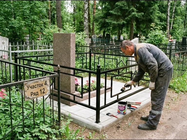 Покраска оградки на кладбище в Южно-Сахалинске — мастер красит металлическую ограду на могиле чёрной эмалью
