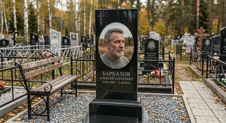 Овальный портрет на стекле на чёрной гранитной стеле в Южно-Сахалинске