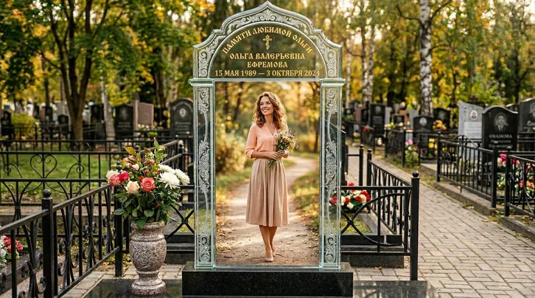 Портрет на стекле в форме арки на памятнике в Южно-Сахалинске
