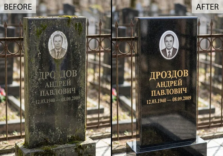 Чистка и полировка гранитного памятника: до и после в Южно-Сахалинске