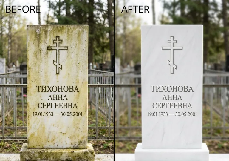 Восстановление мраморного надгробия от желтизны: до и после в Южно-Сахалинске