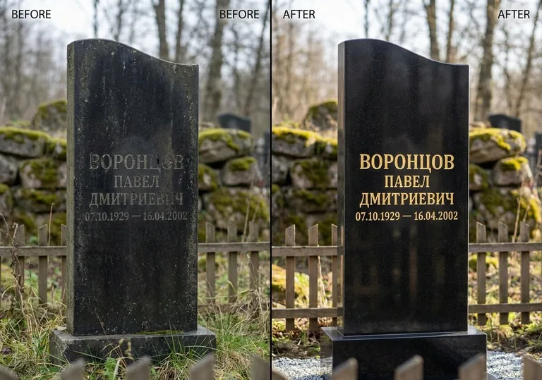 Золочение и обновление надписей на памятнике: до и после в Южно-Сахалинске