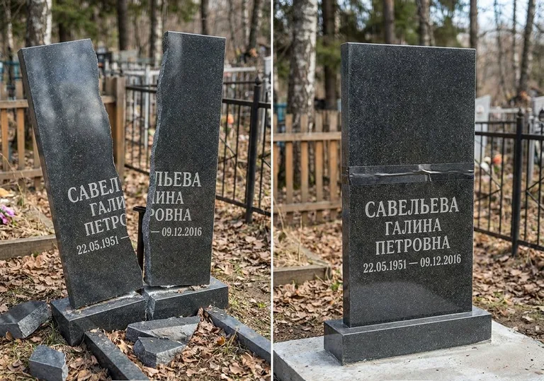 Склейка расколотого гранитного памятника: до и после в Южно-Сахалинске