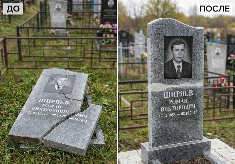 Обновление золочёных букв на граните: до и после в Южно-Сахалинске