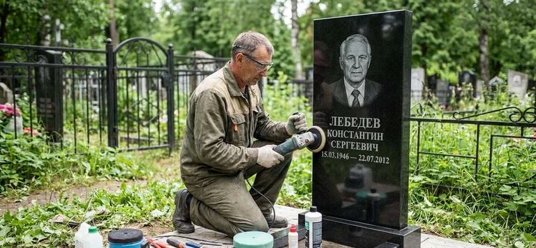 Реставрация памятника в Южно-Сахалинске — восстановление гранита, заделка трещин и обновление надписей на кладбище