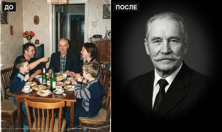 Ретушь фото на памятник — выделение из группового: до и после в Южно-Сахалинске