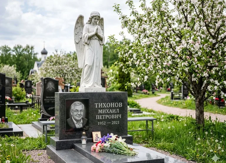 Мраморный молящийся ангел на гранитном памятнике весной в Южно-Сахалинске
