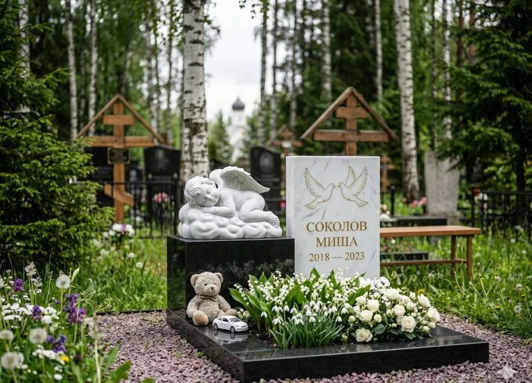 Белый ангелочек на детском памятнике в Южно-Сахалинске