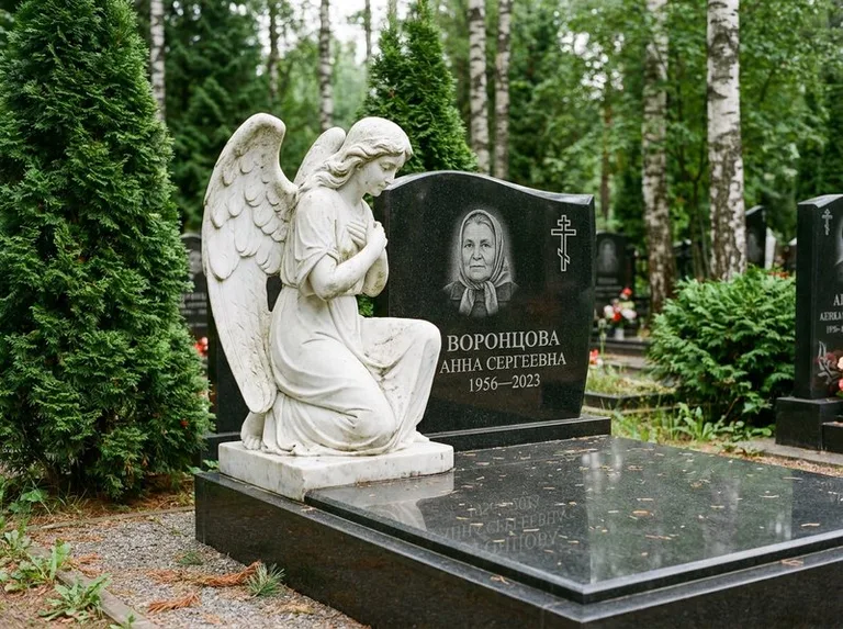 Белый мраморный ангел на гранитном памятнике в Южно-Сахалинске