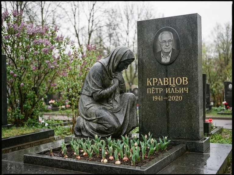 Гранитная скорбящая фигура у стелы на кладбище в Южно-Сахалинске