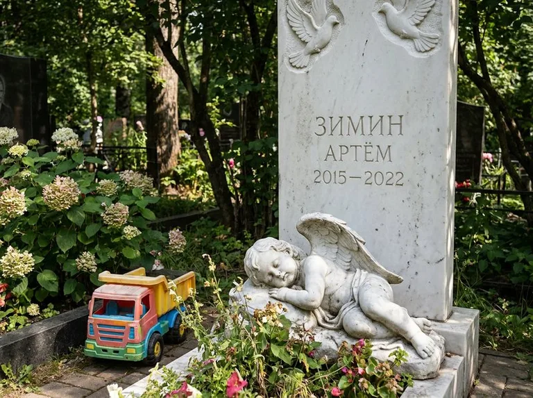 Спящий ангелочек на детском памятнике в Южно-Сахалинске