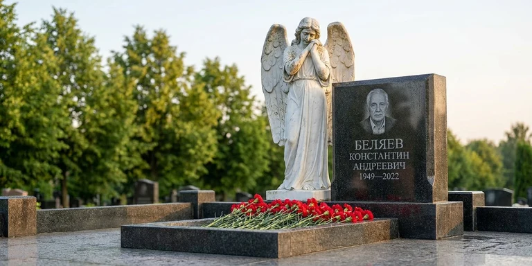 Скульптура на памятник в Южно-Сахалинске — мраморный ангел на гранитном мемориале