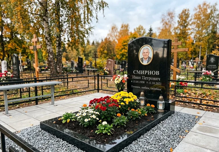 Ухоженная могила после уборки и мойки памятника в Южно-Сахалинске