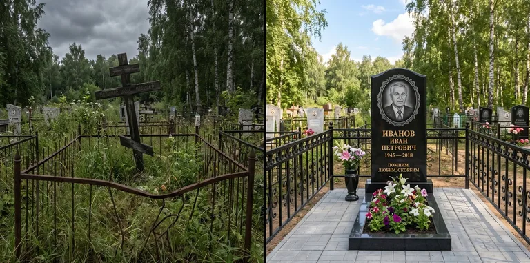 Благоустройство могилы до и после установки памятника в Южно-Сахалинске