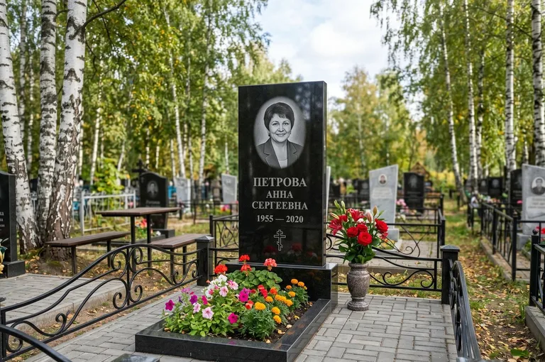 Гранитный памятник с цветником и плиткой в Южно-Сахалинске