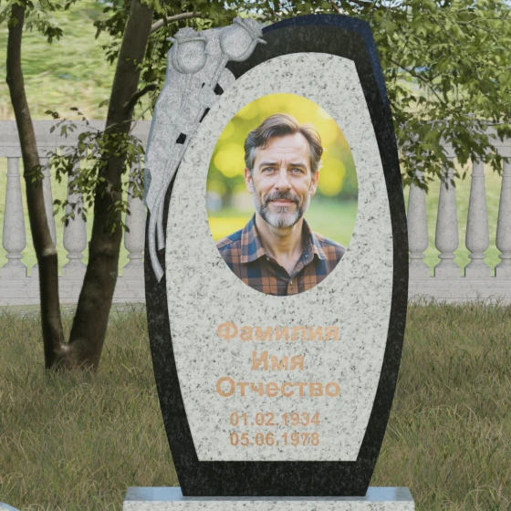 Мемориал с резьбой розы и асимметричной стелой, гранит Мансуровский