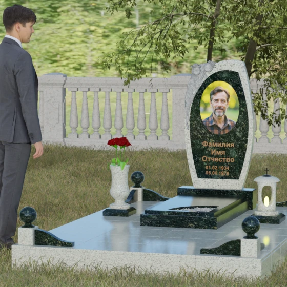Мемориал с резьбой розы и асимметричной стелой, гранит Балтик грин, вид 4