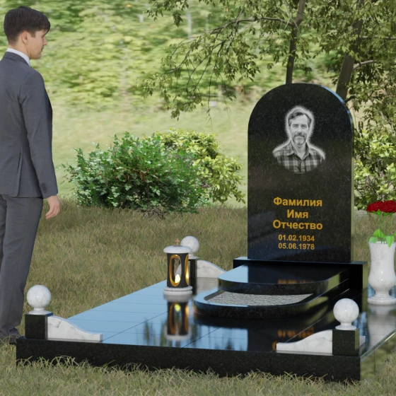Гранитный монумент с арочной стелой и сферами, гранит Габбро-диабаз, вид 4