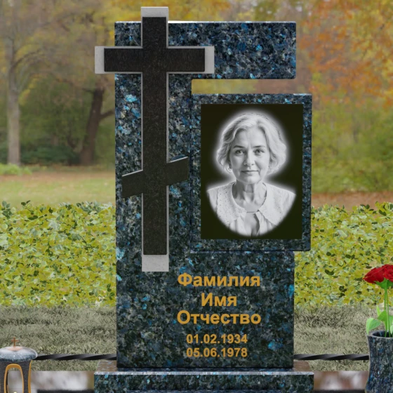 Православный памятник с рельефным крестом, гранит Блю Перл