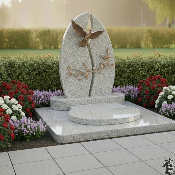 Элитный овальный памятник с голубем и ветвью, гранит Мансуровский