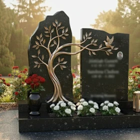 Вертикальный памятник из гранита и металла на двоих - ПН234