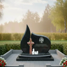 Вертикальный Гранитный памятник с крестом и мемориалом - ПН427