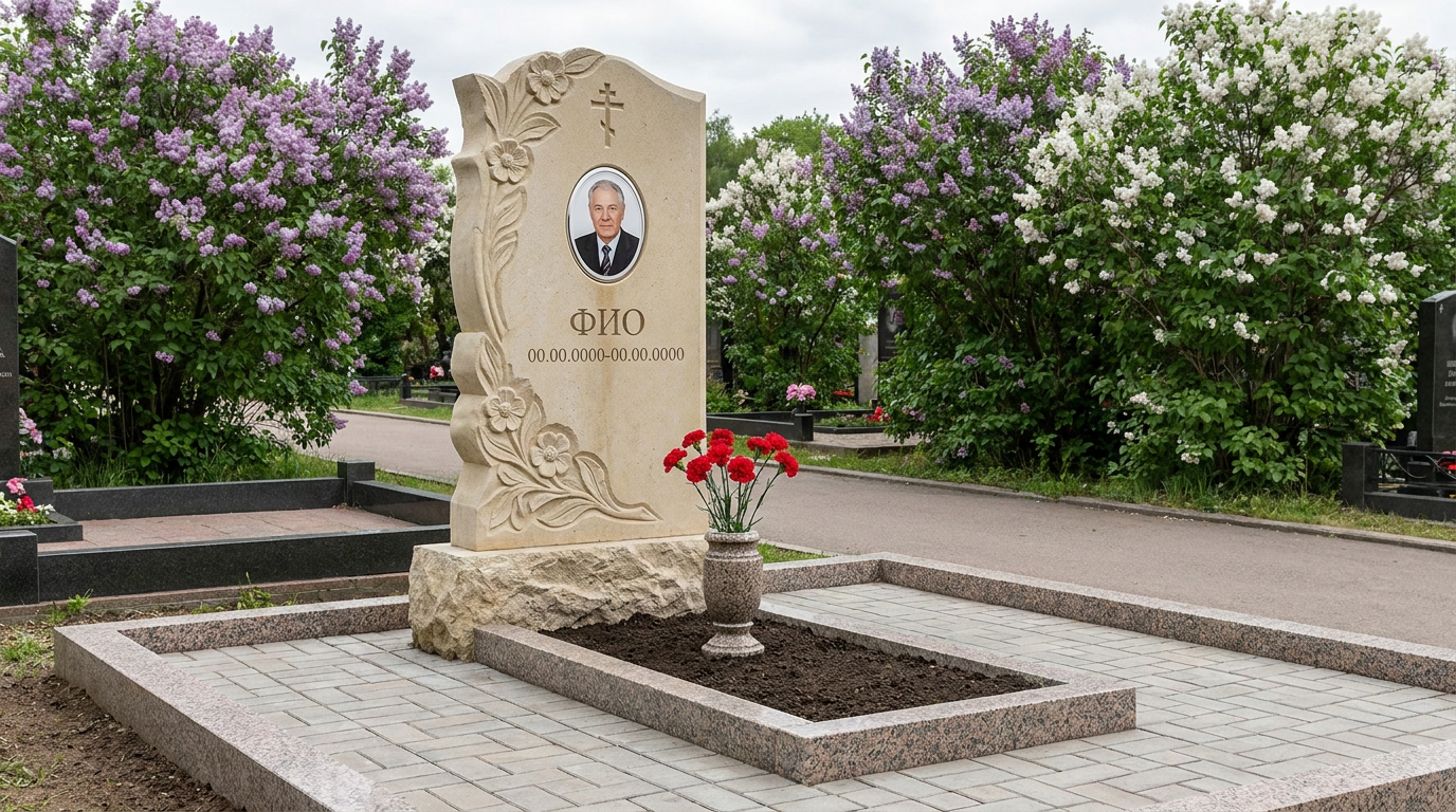 Пример дизайна: Памятник из светлого известняка с арочным верхом с цветами