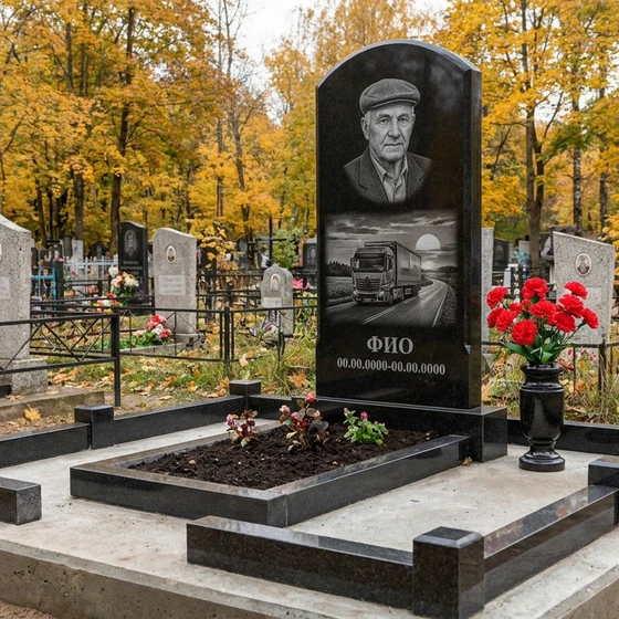 Гранитный памятник дальнобойщику с аркой с автопоездом