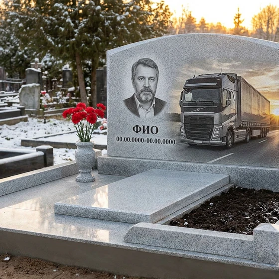Гранитный памятник дальнобойщику с арочным верхом с фурой на закате