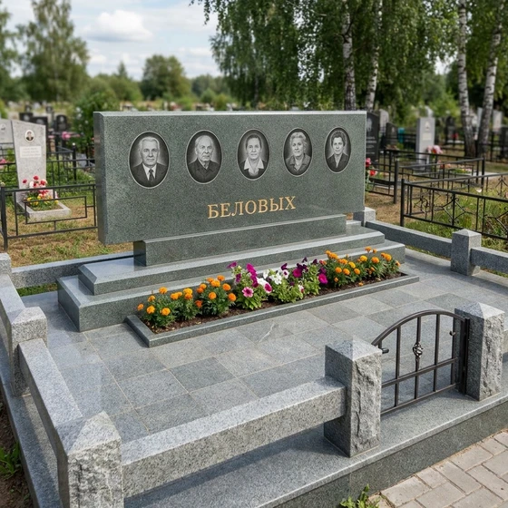 Семейный мемориал на пять человек из серо-зелёного гранита