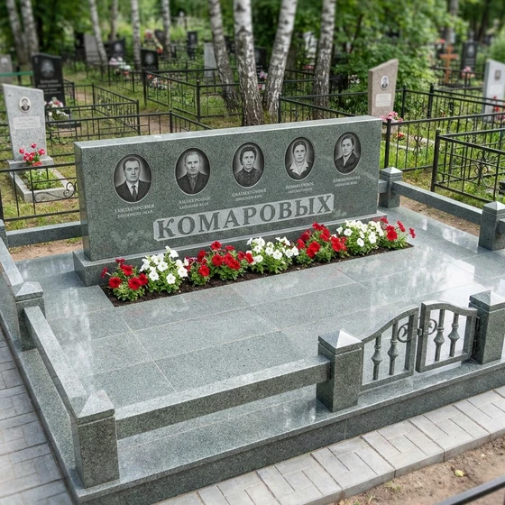 Семейный памятник из серо-зелёного гранита на пять человек