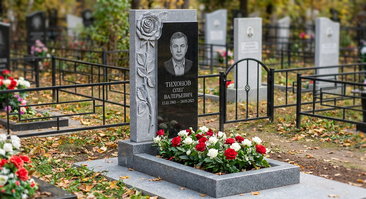 Пример дизайна: Мемориал с розой из серого гранита Мансуровский