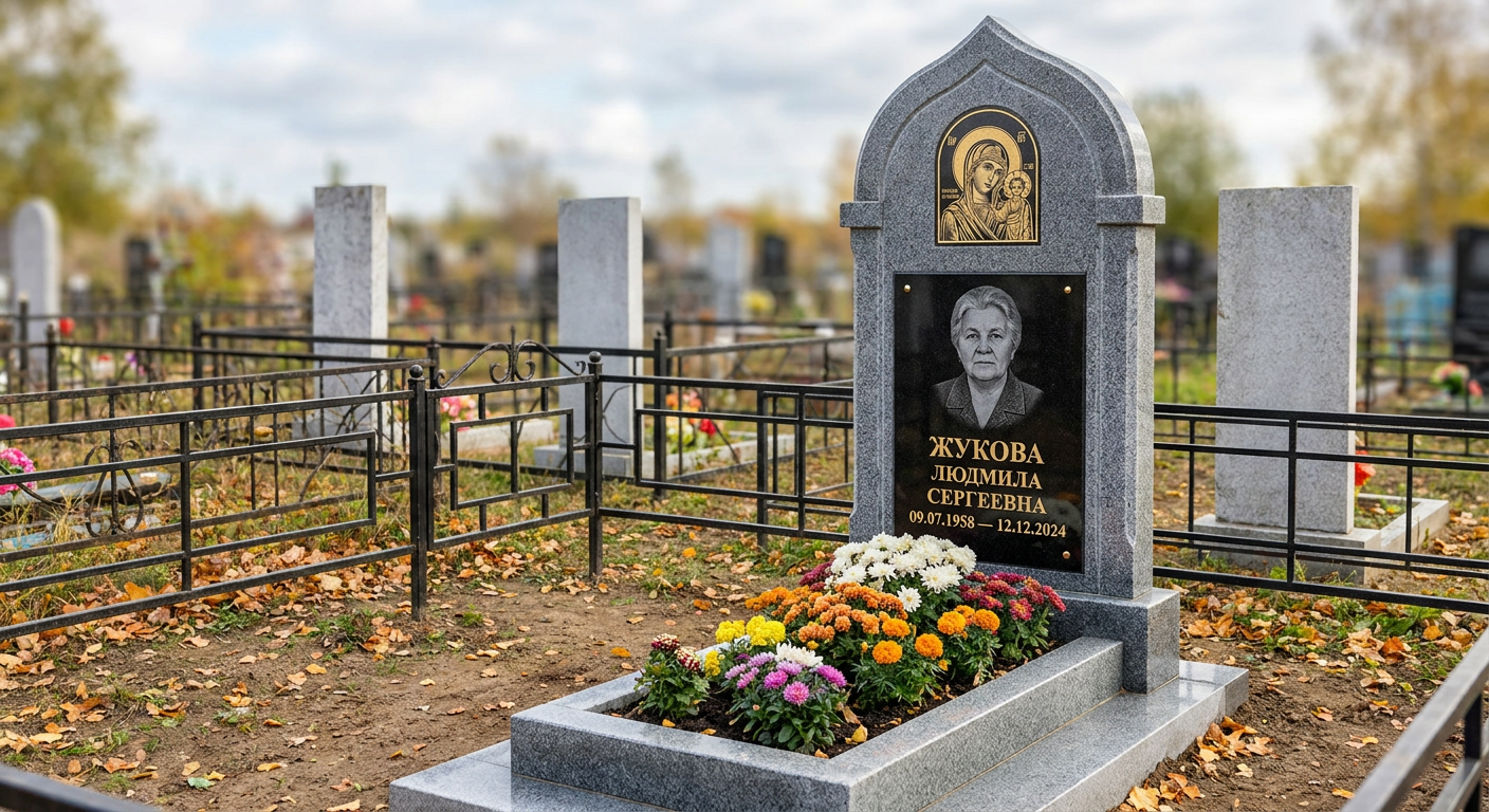 Пример дизайна: Часовенный мемориал с иконой Богородицы из мансуровского гранита