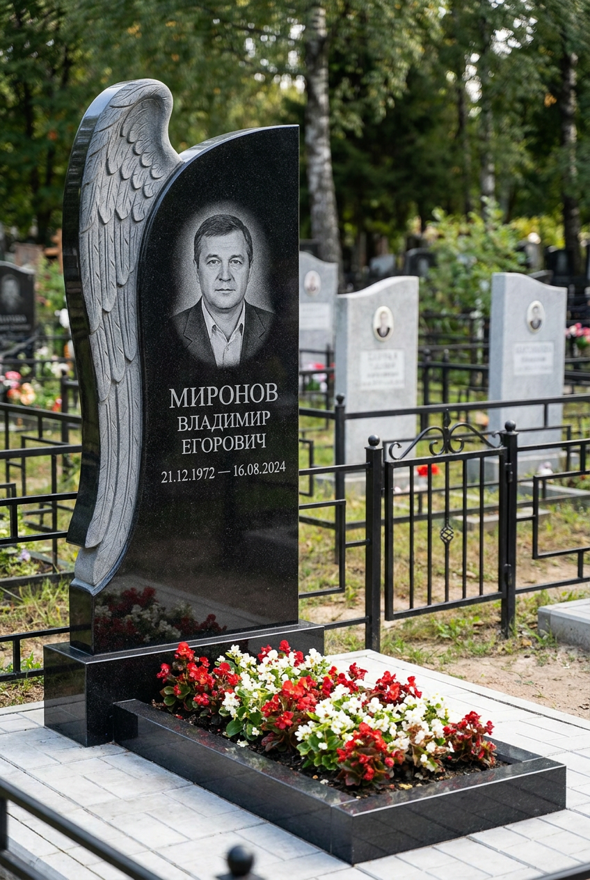 Пример дизайна: Мемориал с обнимающим крылом ангела из черного габбро-диабаза
