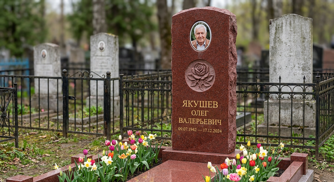 Пример дизайна: Комбинированный памятник фигурной стелы из красного гранита с цветником — фото и цена