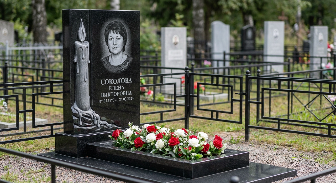 Пример дизайна: Памятник со свечой из габбро-диабаза с портретом