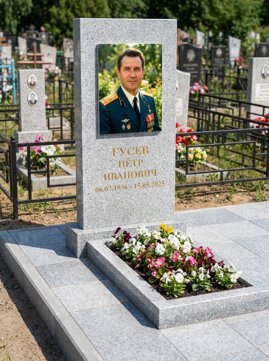 Портрет на памятнике в Южно-Сахалинске — Прямоугольник на гранитной стеле, ФИО и даты на портрете